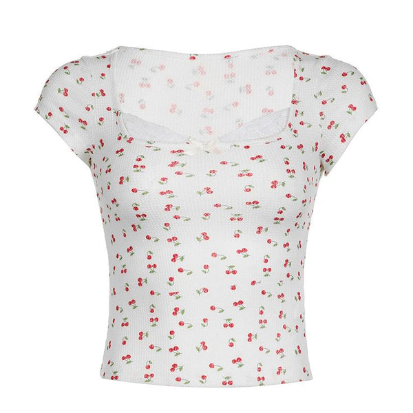 Cap sleeve textured cherry print bowknot lace hem top