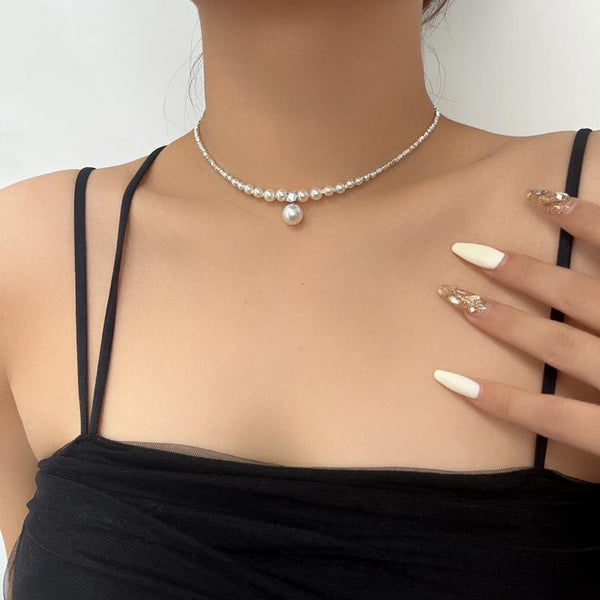 Rhinestone beaded faux pearl choker necklace