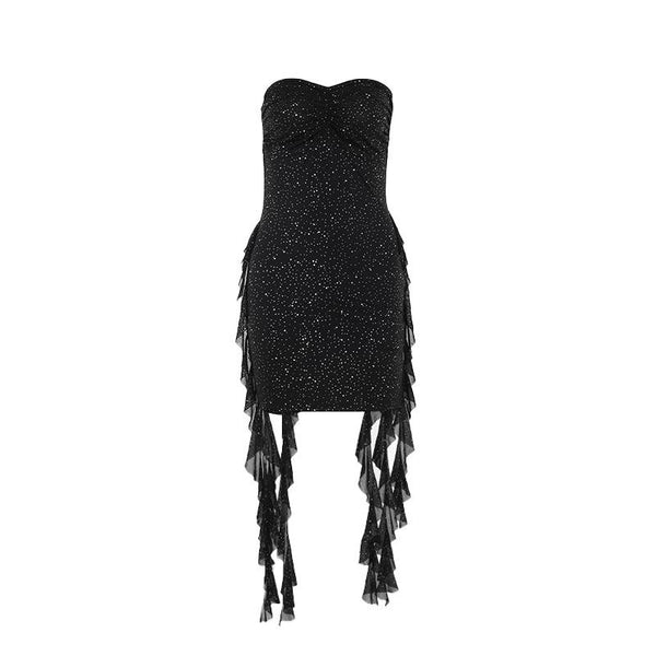 Ruffle ruched beaded sweetheart neck tube mini dress