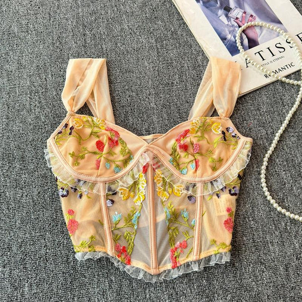 Flower embroidery bustier mesh cami top