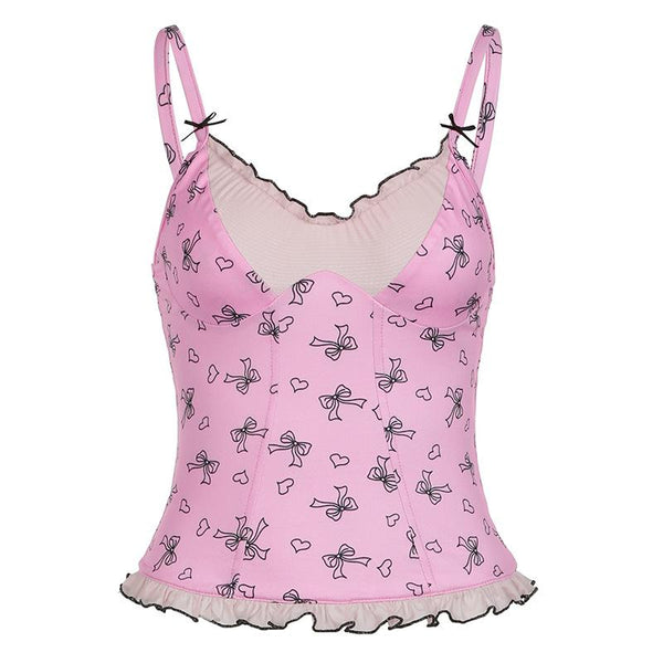 Ruffle bowknot print cami top