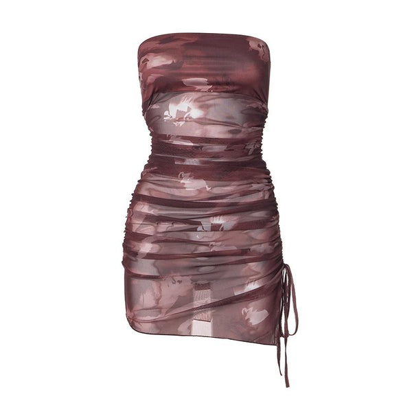 Drawstring tie dye mesh ruched tube mini dress