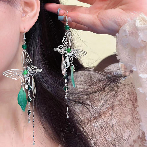 Pendientes colgantes de strass verdes con colgante de mariposa