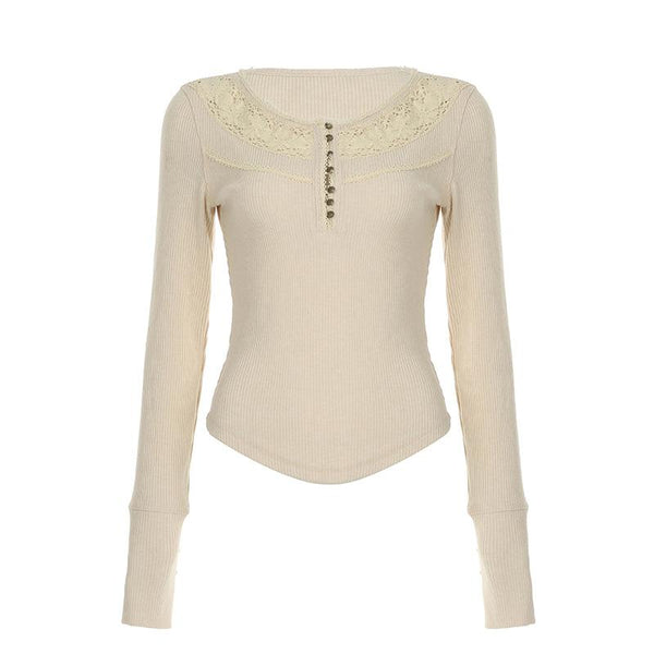 Round neck long sleeve lace ribbed solid top