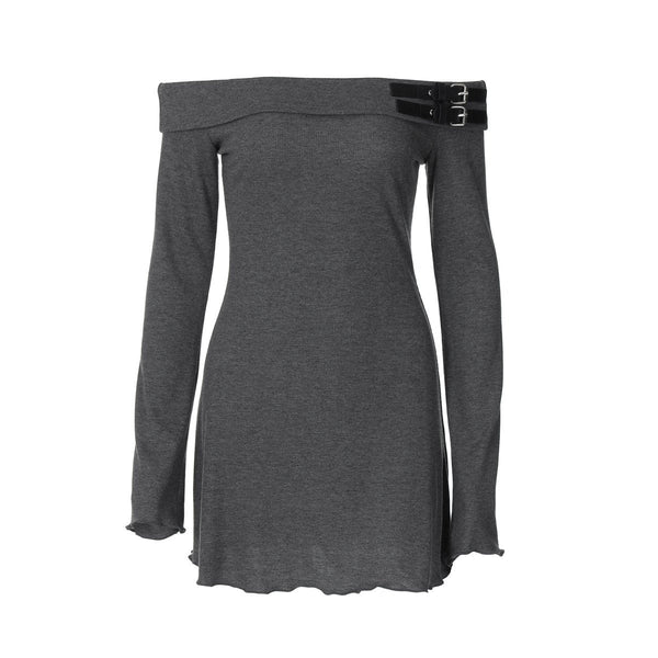 Off shoulder long sleeve buckle mini dress