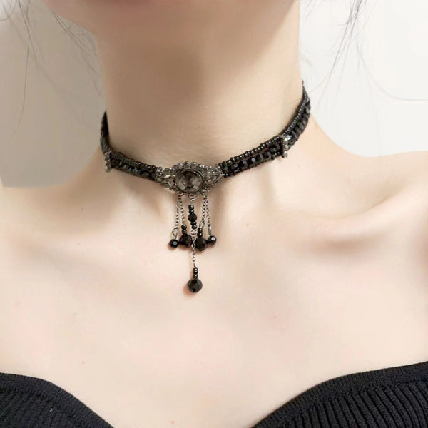 Rhinestone crystal pendant beaded layered choker necklace