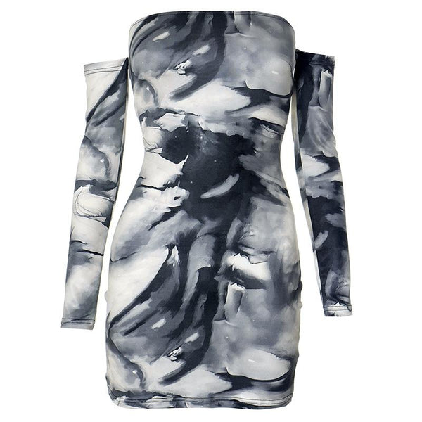 Off shoulder tie dye print long sleeve mini dress