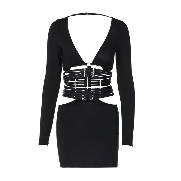 Long sleeve v neck adjustable o ring mini skirt set