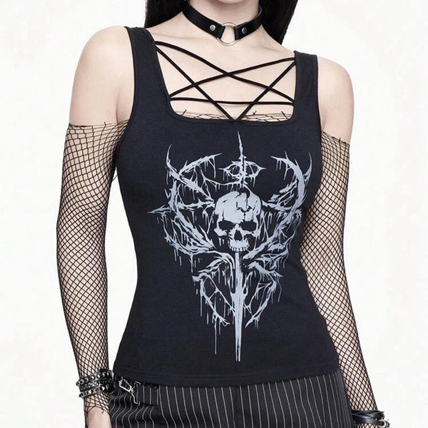 U neck skeleton print cross front tank top