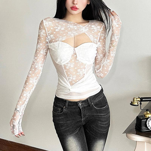 Long sleeve hollow out ruched lace top