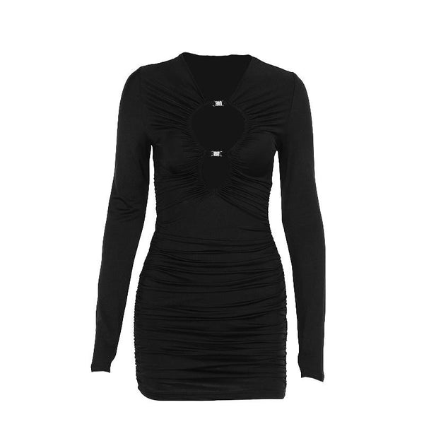 Long sleeve ruched buckle hollow out mini dress