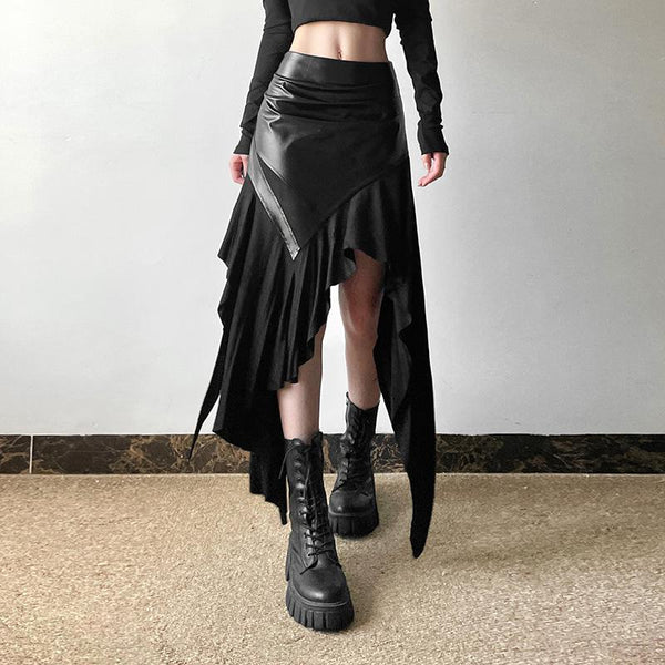 PU leather patchwork irregular midi skirt