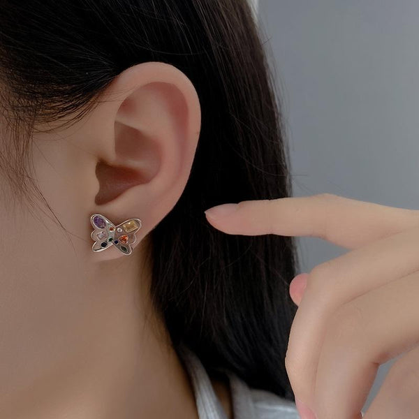 Multicolor rhinestone butterfly stud earrings