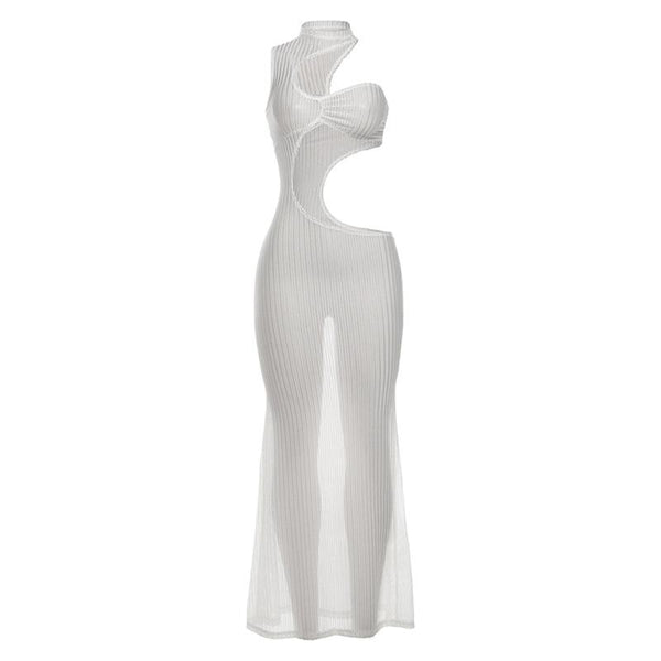 Hollow out see through one shoulder crewneck maxi dress