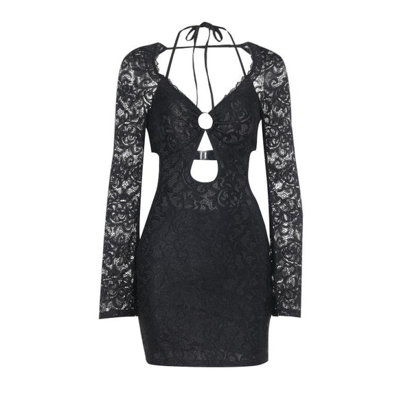 Halter long sleeve lace hollow out o ring mini dress