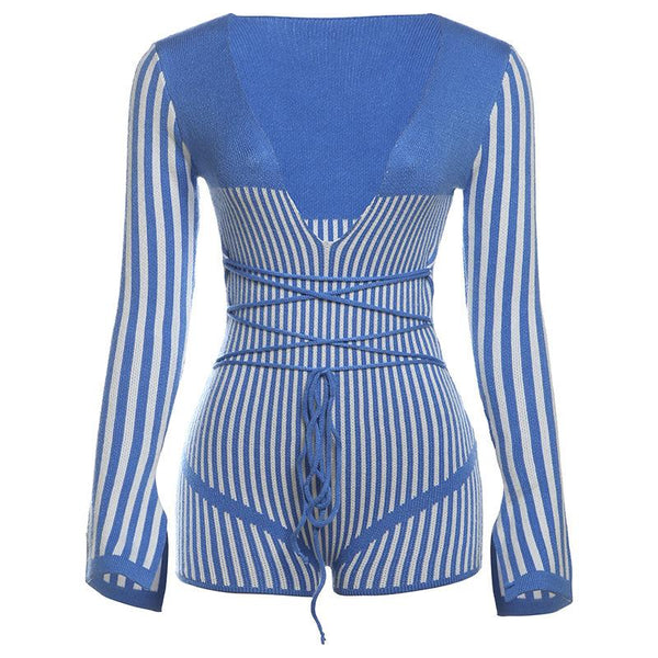 Slit long sleeve deep V neck striped self tie romper