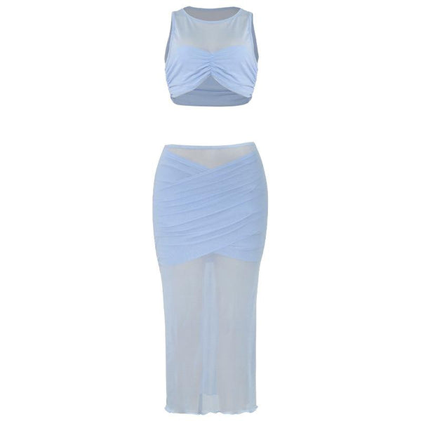 Crewneck sleeveless ruched mesh crop maxi skirt set