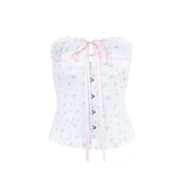 Bowknot ribbon flower print bustier button tube top