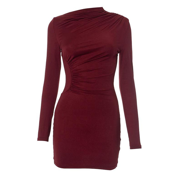 Long sleeve ruched irregular solid mini dress