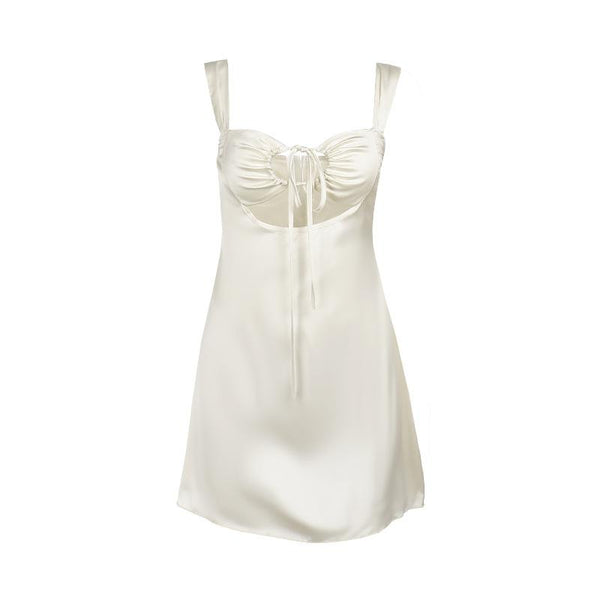 Drawstring ruched satin hollow out cami mini dress