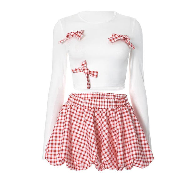 Bowknot long sleeve crewneck plaid mini skirt set