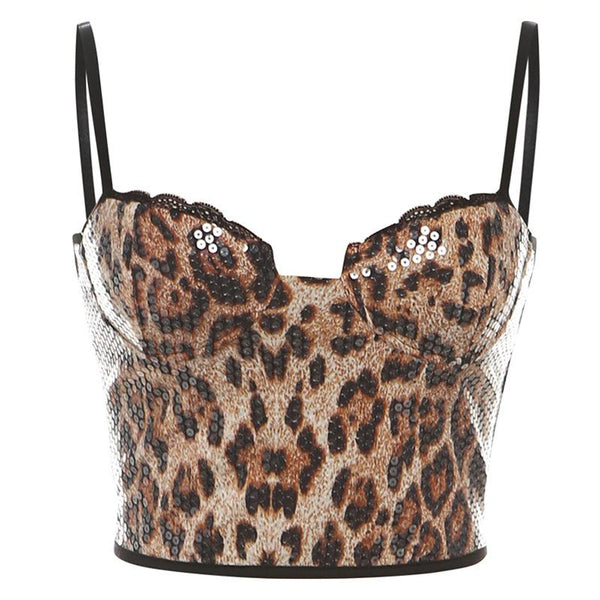 Leopard print lace hem glitter cami crop top