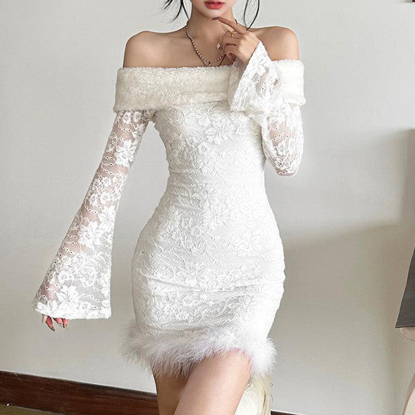 Off shoulder long flared sleeve feather lace mini dress