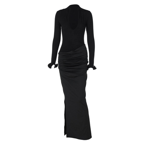 Long sleeve v neck ruched maxi dress