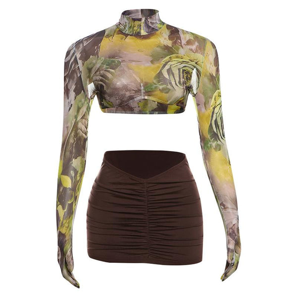 High neck long sleeve flower print crop mini skirt set