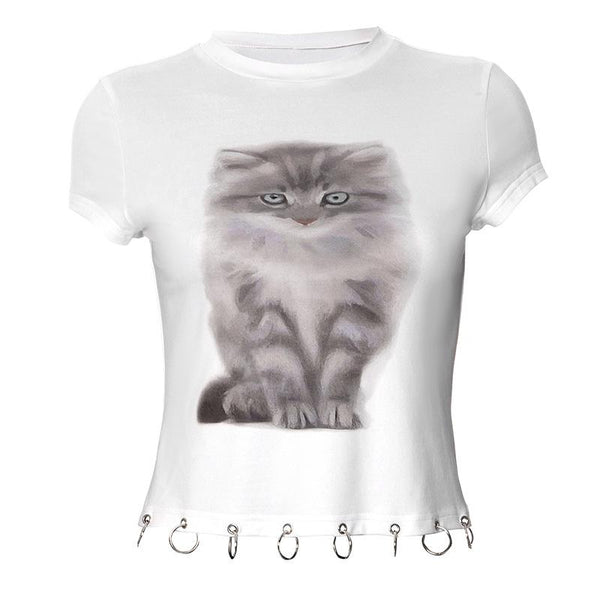 Short sleeve cat print o ring top