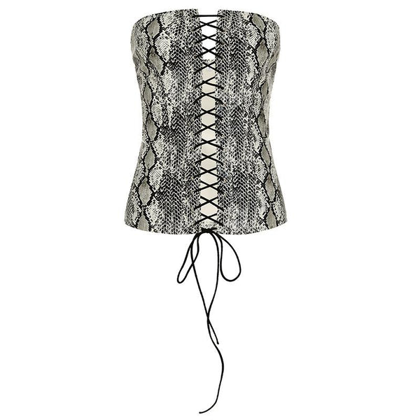 Snakeskin print corset lace up tube top