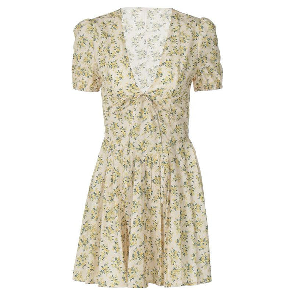 Short puff sleeve pleated zip-up flower print mini dress