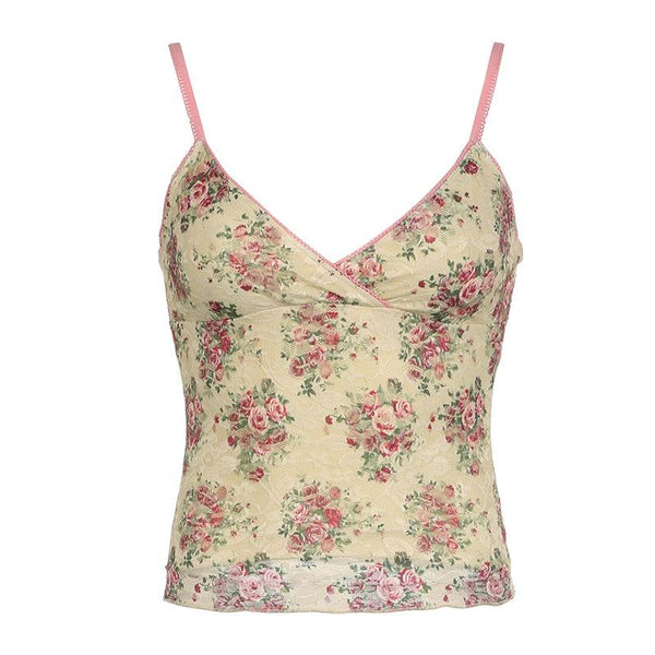 V neck lace flower print cami top