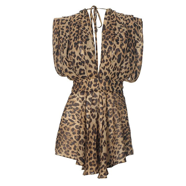 Halter deep v neck leopard print chiffon see through mini dress