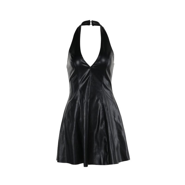 Halter v neck PU leather zip-up button mini dress