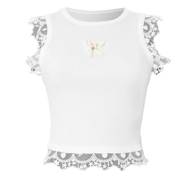 Lace hem ribbed butterfly applique top