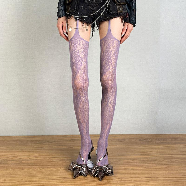 Suspender sheer lace flower pattern tights