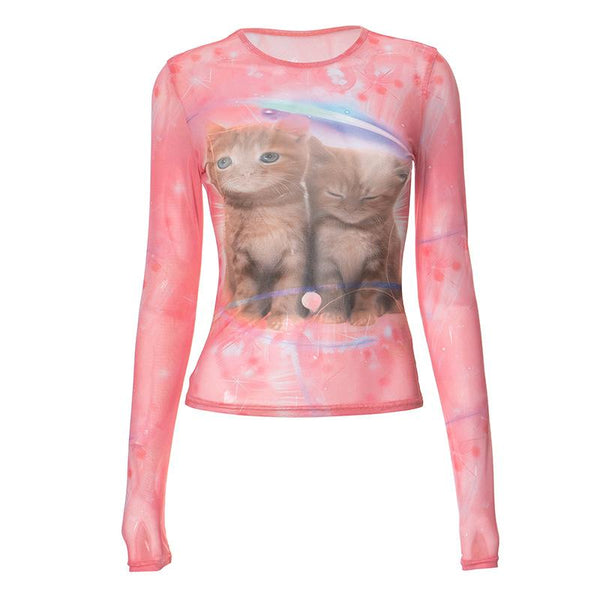 Long sleeve cat print crew neck top