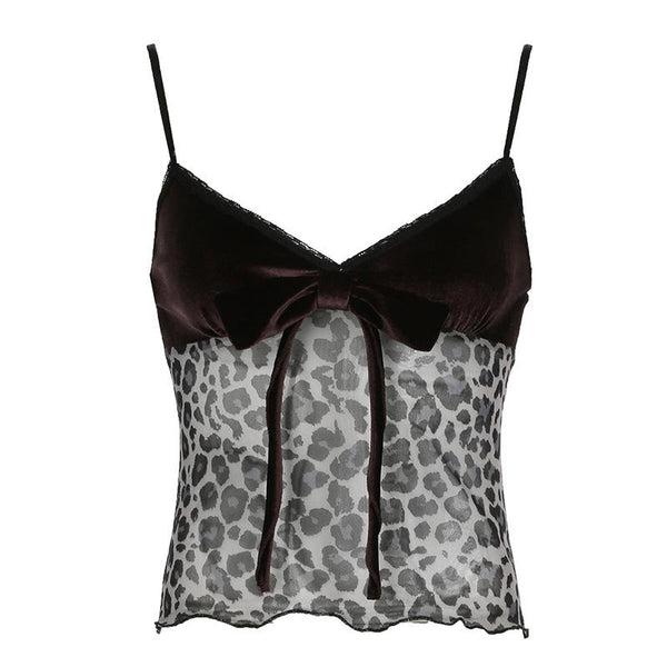 V neck velvet leopard print mesh bowknot cami top