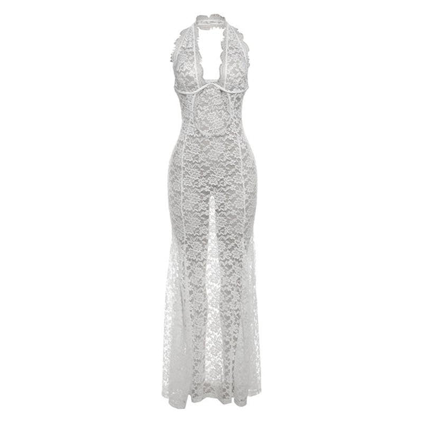 Halter lace see through hollow out maxi dress