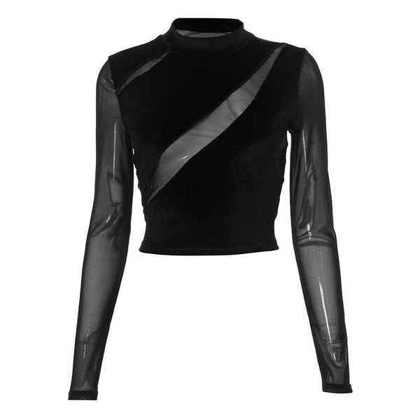 High neck mesh velvet patchwork long sleeve crop top