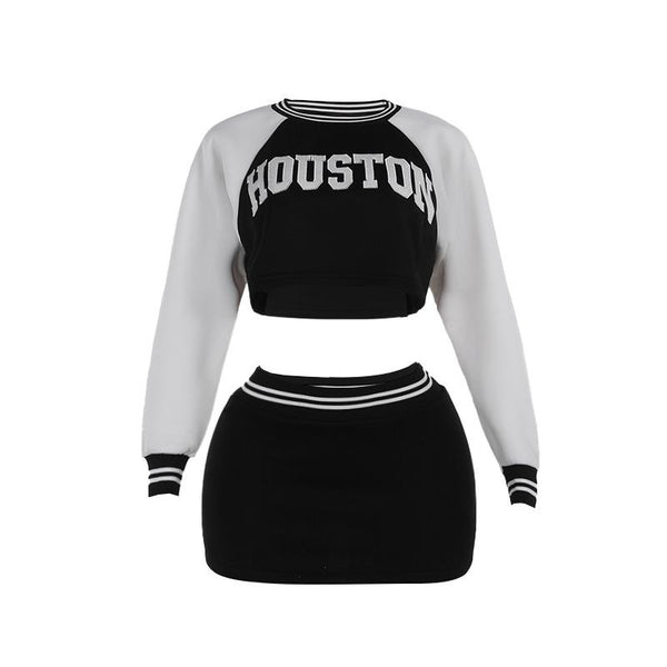 Long sleeve crewneck letter pattern crop mini skirt set