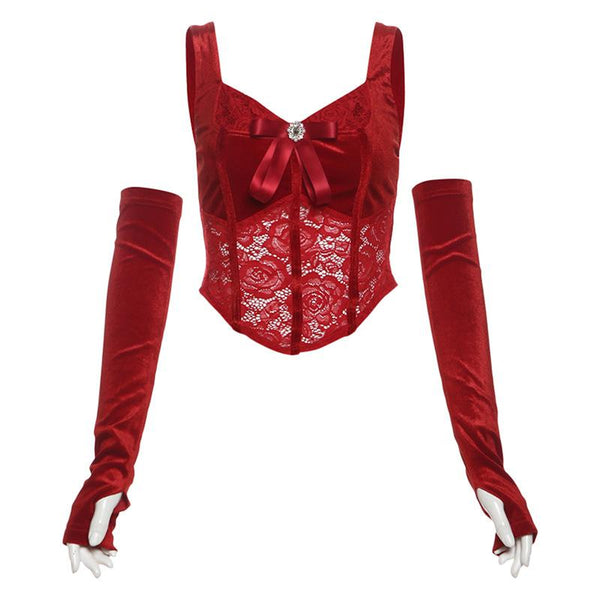 Gloves bowknot lace velvet patchwork cami top