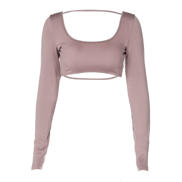 Long sleeve u neck backless solid top