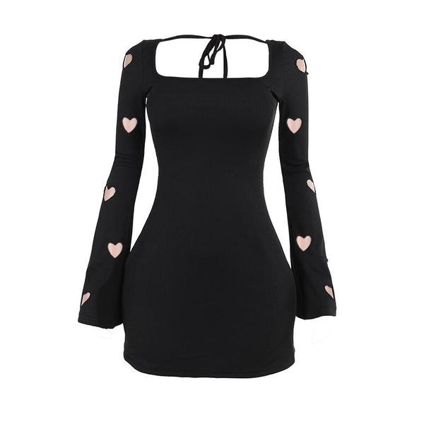 Long sleeve square neck heart pattern mini dress