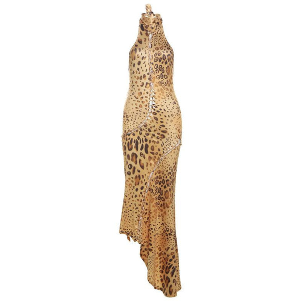 Leopard print halter self tie irregular backless maxi dress