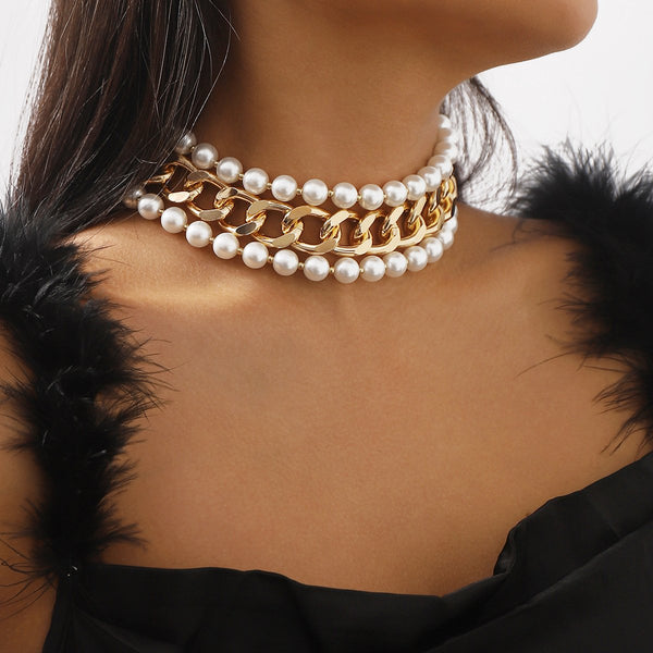 Cuban layered faux pearl choker necklace
