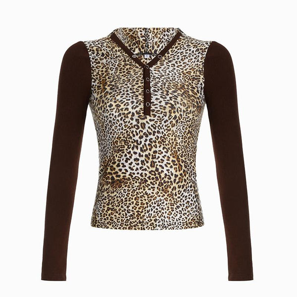 Leopard print long sleeve hoodie button top