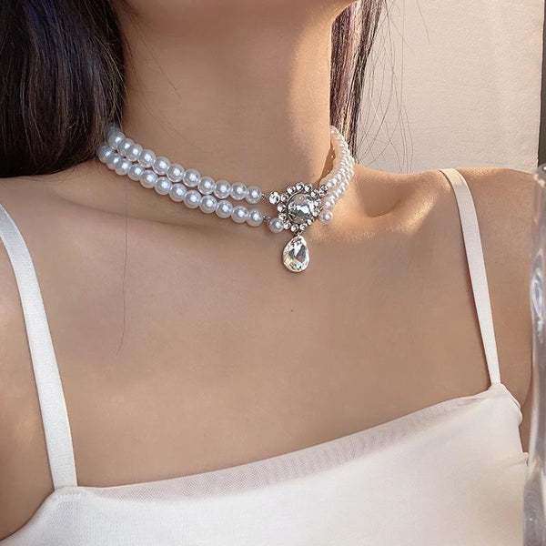 Layered rhinestone faux pearl choker necklace