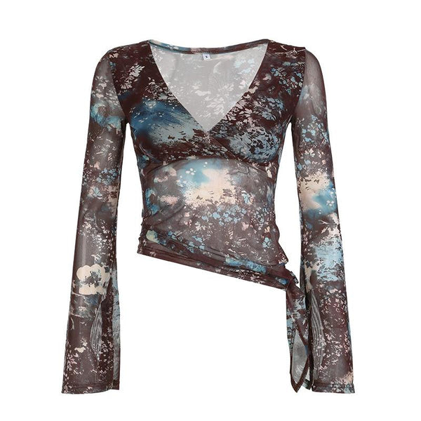 V neck long flared sleeve abstract mesh top